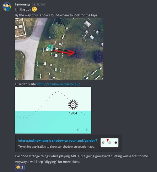 Lemonegg/lemondecro_ss solving the Lovecraft drop-off puzzle on the official Discord Server.